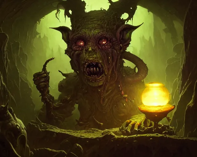 Image similar to 4 k cinematic still portrait of a goblin in a dark liminal space room, nurgle, deep focus, d & d, fantasy, intricate, repulsive, highly detailed, digital art, art station, concept art, matte, sharp focus, illustration, dark fantasy art, hearthstone, art by artgerm and greg rutkowski and alphonse mucha