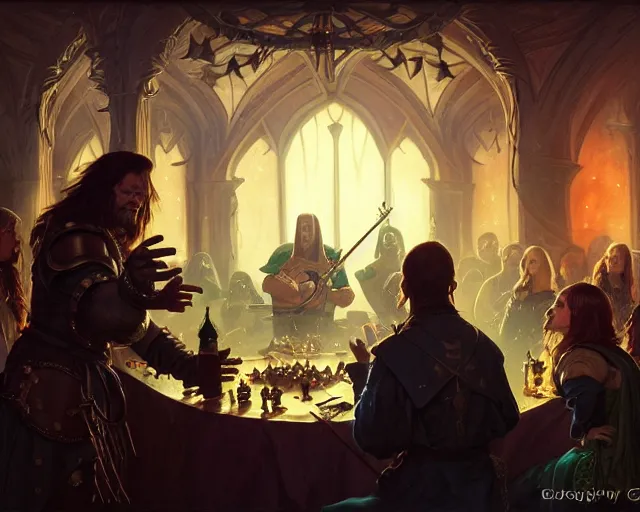 Image similar to photography of blind guardian playing a tavern concert, 8 k, deep focus, d & d, fantasy, intricate, elegant, highly detailed, digital painting, artstation, concept art, matte, sharp focus, illustration, hearthstone, art by artgerm and greg rutkowski and alphonse mucha