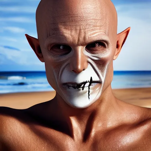 Image similar to portrait nosferatu applying sunscreen on his body on the beach, realistic detailed photography