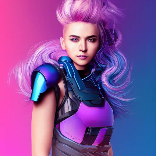 Image similar to a stunning upper body portrait of a beautiful young woman wearing futuristic navy blue and teal battle bodyarmor and pauldrons and ombre purple and pink hairstyle with hair blowing in the wind, by marvel comics, outrun, vaporware, highly detailed, fine detail, intricate, digital art, trending on artstation