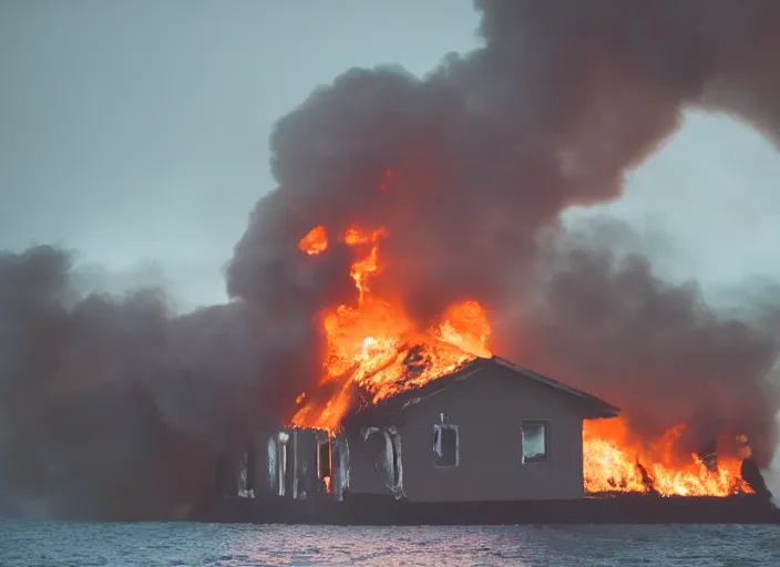 Prompt: dslr photo still of a house on fire at the bottom of the ocean, 8 5 mm f 1. 8