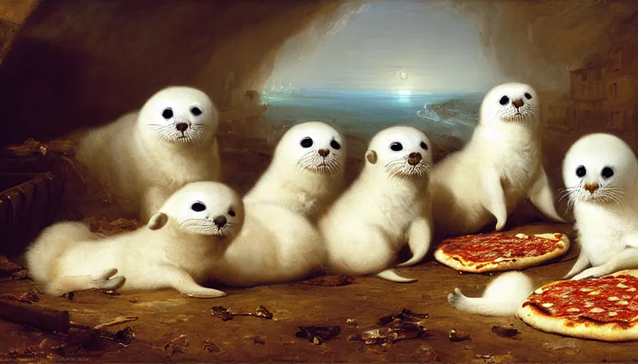 Prompt: highly detailed painting of cute furry white baby seals having a pizza party by william turner, by greg rutkowski, by william constable, thick brush strokes and visible paint layers, 4 k resolution