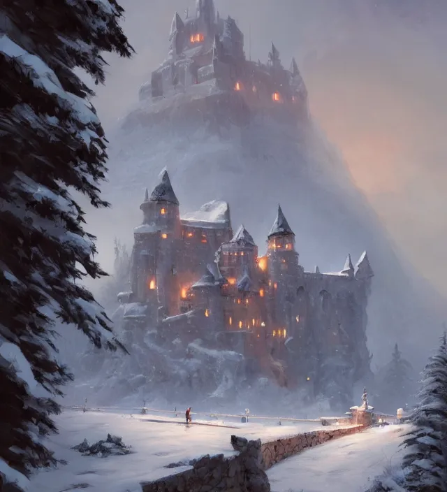 Image similar to a painting of a castle in the middle of a snowy mountain, a detailed matte painting by andreas rocha and greg rutkowski, featured on artstation, fantasy art, matte drawing, matte painting, artstation hq