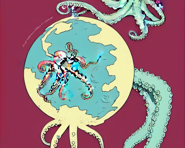 Prompt: a political cartoon showing a cell shaded an octopus surrounding the globe, illustration, full body wide shot, subtle colors, post grunge, concept art by josan gonzales and wlop, by james jean, Victo ngai, David Rubín, Mike Mignola, Laurie Greasley, highly detailed, sharp focus, alien, Trending on Artstation, HQ, deviantart, art by artgem