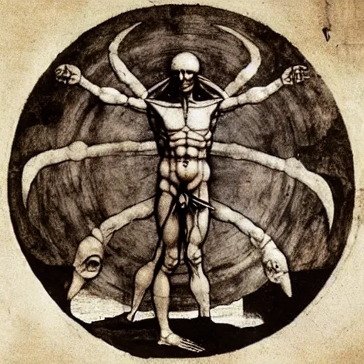 Prompt: the vitruvian alien, by leonardo da vinci