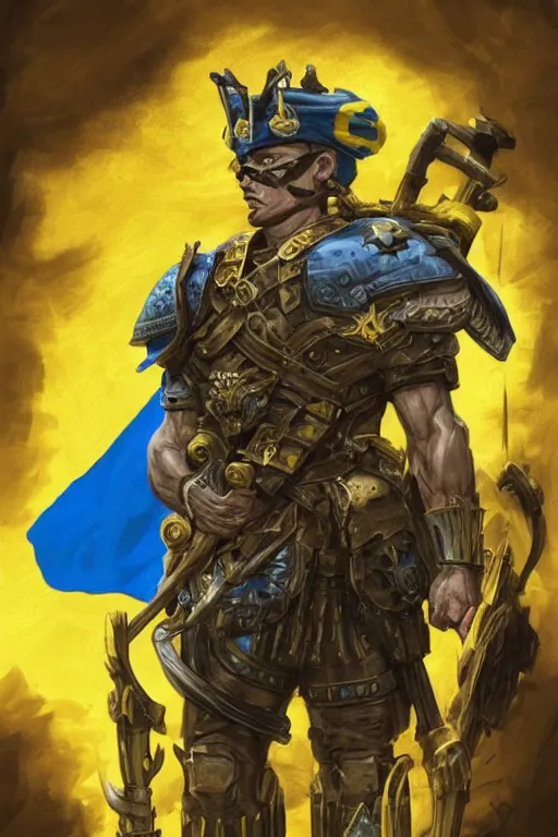 Image similar to A super soldier with Сoat of arms of Ukraine on his chest and blue and yellow flag behind him is standing on a pile of skulls with Z character on foreheads, D&D, dark fantasy, intricate, elegant, highly detailed, digital painting, artstation, concept art, smooth, sharp focus, illustration, art by artgerm and greg rutkowski and alphonse mucha