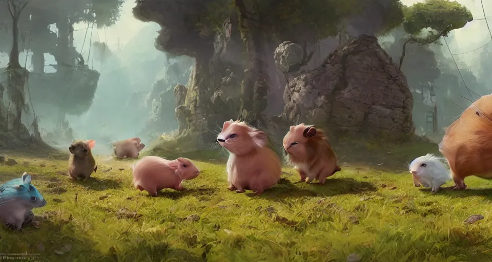 Prompt: hyper realistic cute guineapigs everywhere, by simon stalenhag, frank frazetta, greg rutkowski, beeple, christian macnevin, wlop and krenz cushart, epic fantasy character art, volumetric outdoor lighting, midday, high fantasy, cgsociety, cheerful colours, full length, exquisite detail, post - processing, masterpiece, cinematic