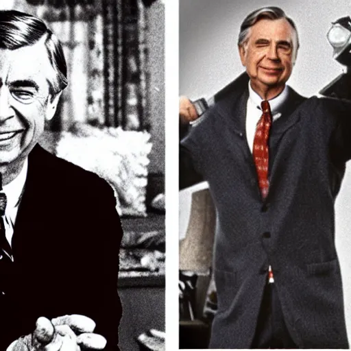 Prompt: Mr. Rogers as an action movie poster dual wielding high-caliber pistols with explosions in the background