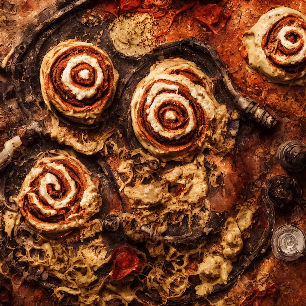 Image similar to a photo of a biomechanical rotten vegan doner with pizza taste and halapeno mayo, in the shape of a cinnamon roll in the style of hr giger, octane render, 8 k