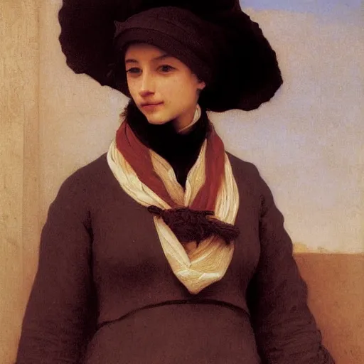 Prompt: A portrait of a fox wearing a scarf and a boater hat by Robert Cleminson and William-Adolph Bouguereau