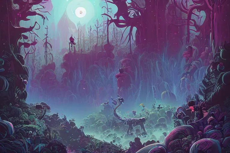 Prompt: An amazing mystical forest with weird creatures by oward Arkley, Anton Fadeev and Dan Mumford