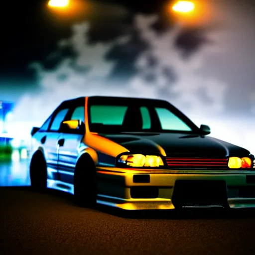 Image similar to a car JZX90 turbo drift at illegal car meet, Chiba prefecture, city midnight mist lights, cinematic color, photorealistic, highly detailed, work wheels, 200MM