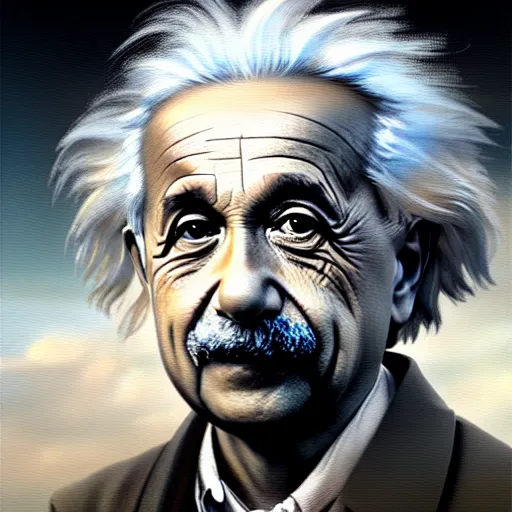 Image similar to albert einstein closeup portrait, dramatic light, lake background, 2 0 0 mm focal length, painted by stanley lau, painted by greg rutkowski, painted by stanley artgerm, digital art, trending on artstation