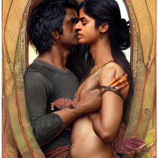 Image similar to portrait painting of dark muscular indian couple kissing, ultra realistic, concept art, intricate details, eerie, highly detailed, photorealistic, octane render, 8 k, unreal engine. art by artgerm and greg rutkowski and alphonse mucha