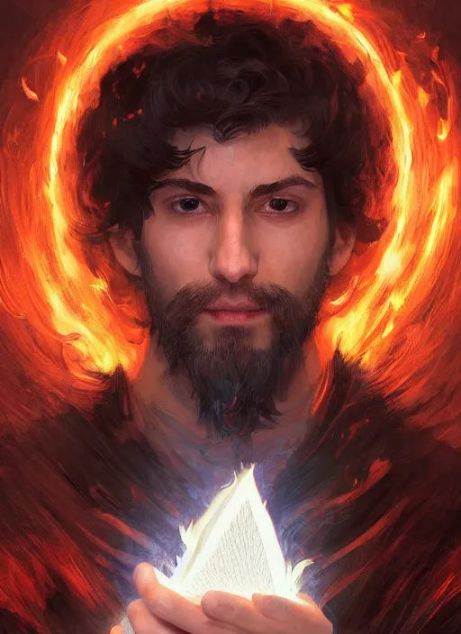 Image similar to character concept portrait of an attractive young angry Spanish wizard with pale red skin enchanting a flaming spell, a floating iridescent spell book in the center, intricate, elegant, digital painting, concept art, smooth, sharp focus, illustration, from Metal Gear, by Ruan Jia and Mandy Jurgens and William-Adolphe Bouguereau, Artgerm