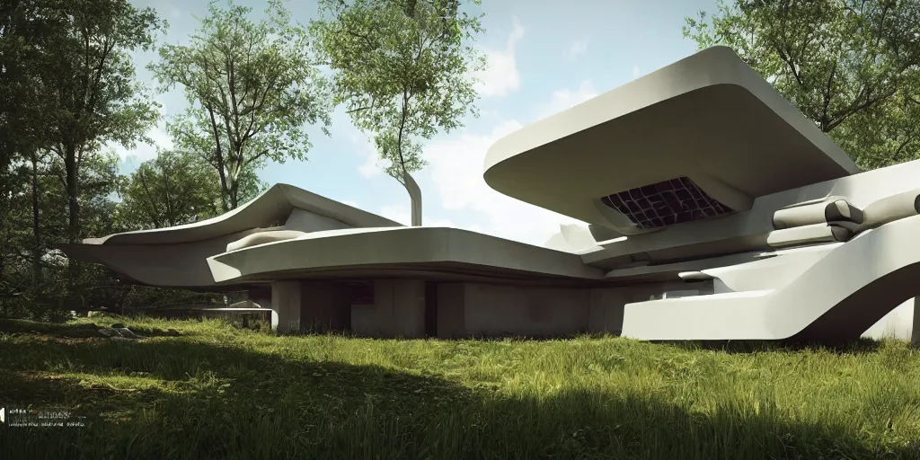 Image similar to futuristic rural architectural masterpiece by frank Lloyd wright and Zaha hadid, detailed, octane render, photo realism, 3D, ray tracing, photo realism