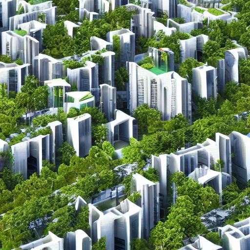 Image similar to origami architecture of a futuristc housing complex, crowded public space, a lot of trees and vegetation, full of sunlight, neighbourhood scale