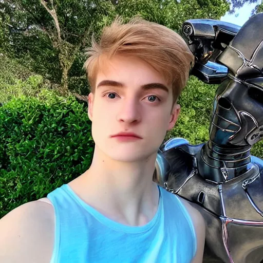 Image similar to “a realistic detailed photo of a guy who is an attractive humanoid who is half robot and half humanoid, who is a male android, twitch streamer Ninja Tyler Blevins, shiny skin, posing like a statue, blank stare, by the pool as a pool boy , display”