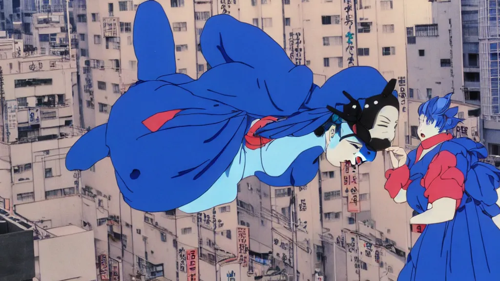 Prompt: a woman wearing a blue dress and wearing a blue bird mask falling from a building in Tokyo, anime film still from the an anime directed by Katsuhiro Otomo with art direction by Salvador Dalí, wide lens
