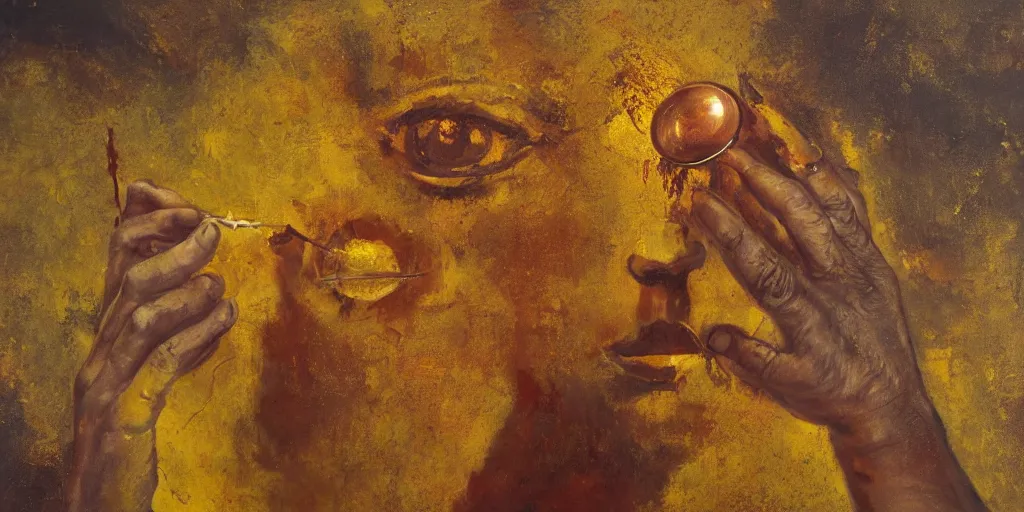 Image similar to golden abstract painting of a man removing a nail from his third eye