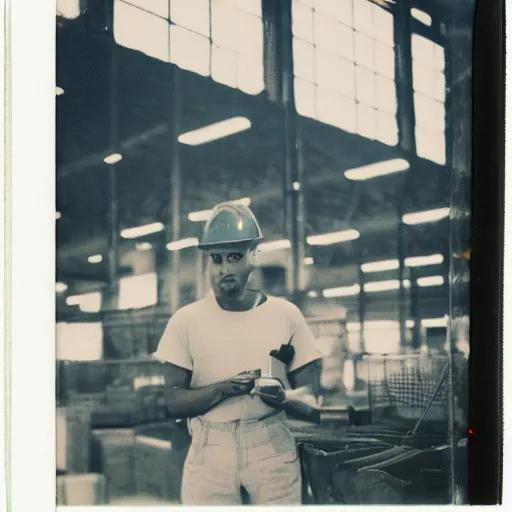 Image similar to a polaroid photo of man doing sort things into sort machines in sortation center warehouse, he's wearing blue cloth and construction hat,, photo from behind, highly details, perfect face shape, cinematic lighting,