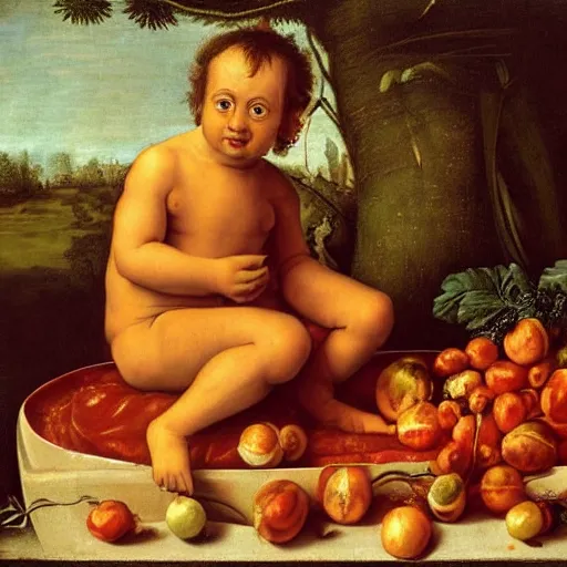 Image similar to a boy sitting in a tub full of tomato sauce, the moon is made by bananas, by giuseppe arcimboldo, renaissance, portrait, fruit, detailed oil paint, high definition