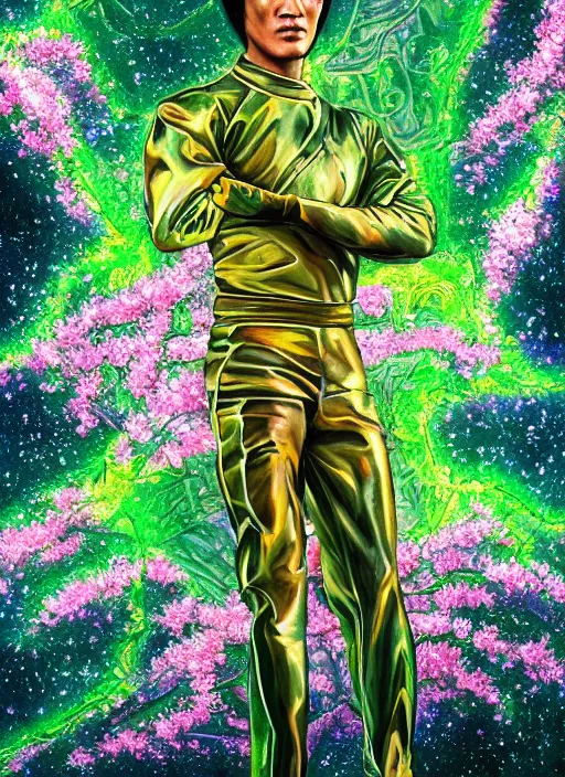 Image similar to portrait of Bruce Lee as a Celestial of a futuristic pearlescent holographic, inside future fighter, sci-fi, fantasy, intricate, lush garden spaceship with sakura season flowers in Kyoto Japan, elegant, human anatomy, royal green and nature light, highly detailed, digital painting, artstation, concept art, smooth, sharp focus, illustration, art by tian zi and WLOP and alphonse mucha, masterpiece, 3d blender