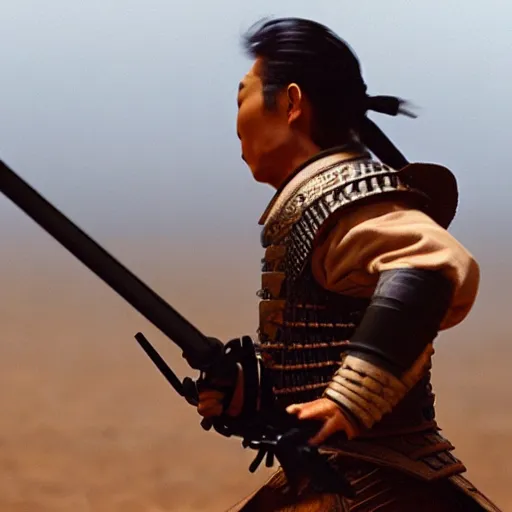 Image similar to cinematic film still NLE Choppa starring as a Samurai holding fire, Japanese CGI, VFX, 2003, 400mm lens, f1.8, shallow depth of field, film photography