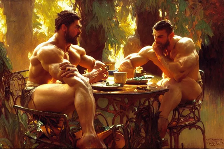 Prompt: 2 muscular attractive men having dinner, painting by gaston bussiere, craig mullins, greg rutkowski, alphonse mucha