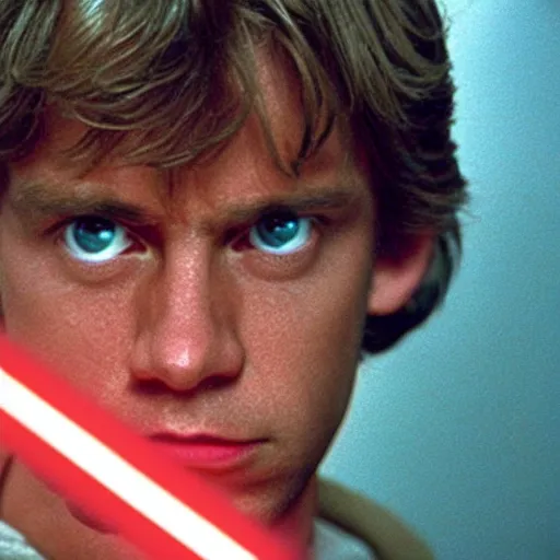 Image similar to A still of Luke Skywalker holding his green lightsaber and looking concerned from Star Wars, 1990, Directed by Steven Spielberg, 35mm