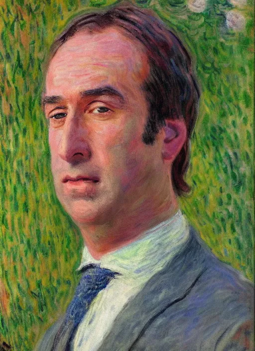 Image similar to a detailed professionally - done promotional oil portrait of saul goodman by claude monet