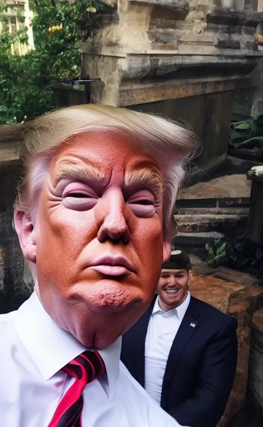 Image similar to img _ 1 1 5 2. jpg. trump selfie. candid, confused, looking at camera, snapchat, instagram, hashtags, front camera, tiktok, popular, realistic, real life