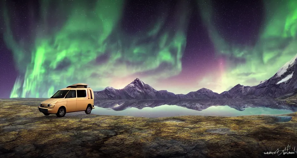 Prompt: An epic fantasy style landscape painting of a Mountainrange and a lake, with a starry sky with the milkyway and breathtaking aurora and a beige Volkswagen Caddy Campervan 4x4, a glacier is viewable in the distance, unreal 5, DAZ, hyperrealistic, octane render, volumetric clouds, dynamic lighting