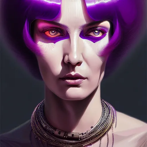 Image similar to woman with extremely large and intricate haircut with angry purple eyes and slim features looking askance, eye cyberpunk bionics, retro futurist style, intricate, elegant gleaming intricate baroque jewelry, angelic halo, highly detailed, digital painting, artstation, concept art, smooth, sharp focus, illustration, art by wlop, mars ravelo and greg rutkowski,