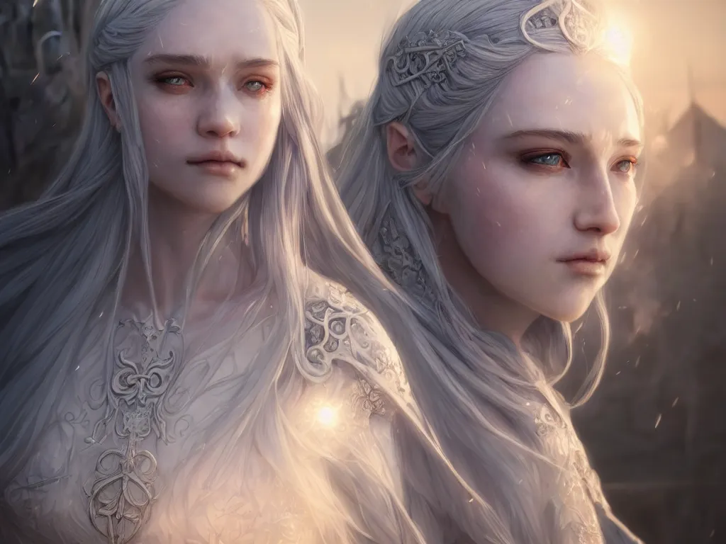 Prompt: hyperrealistc detailed face portrait sacred female white knight, game of thrones, angel action pose at gothic castle sunrise, absurdly beautiful, gorgeous, elegant, sophisticated, by loish and ayanamikodon and irakli nadar and rossdraws and wlop, intricate linework, octopath traveler, final fantasy, blender highly rendered, detailed and intricate environment