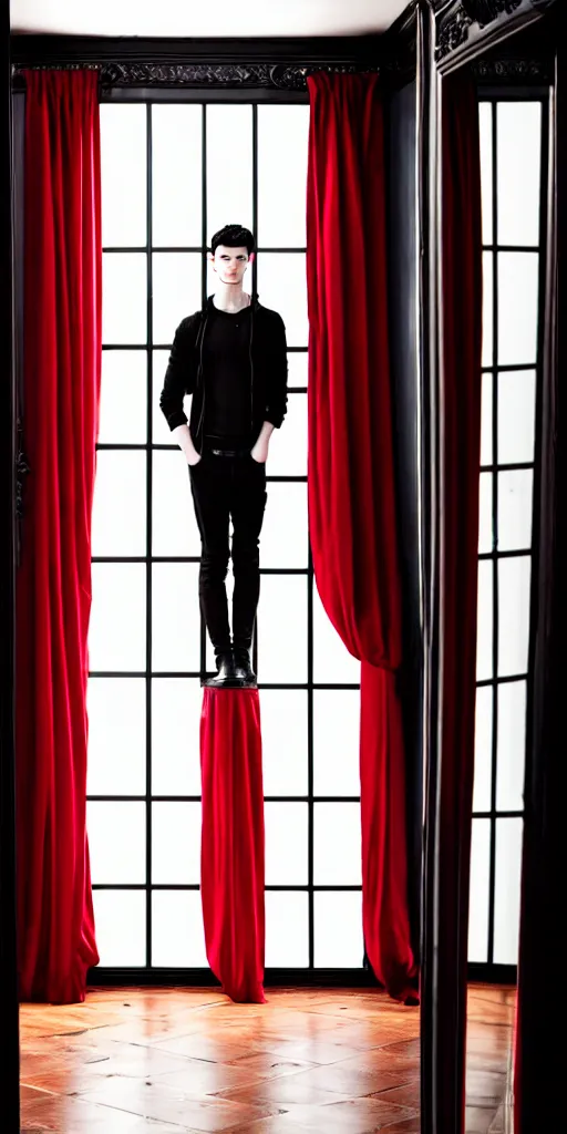 Prompt: androgynous male with black short hair and pale skin is standing in front of a mirror surrounded by victorian interior in a room with tall windows deep red curtains and moos green flooring. volumetric lighting, petspective room layout