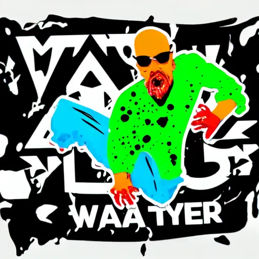 Prompt: die cut sticker, walter white breakdancing, splatter paint