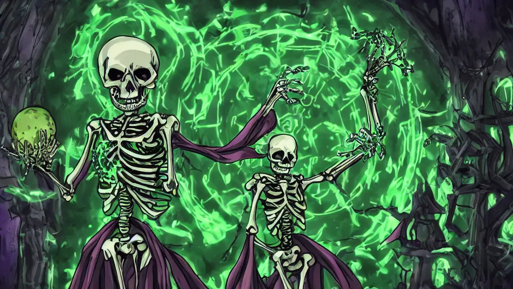 Image similar to an artwork of a skeleton overlord magician casting a spell with green ornaments, Overlord anime style