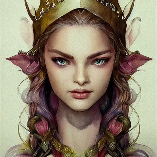 Prompt: Portrait of a young, beautiful and elegant elf queen, full of details, Watercolor painting，concept art, smooth, by Ina Wong and wlop ，trending on cgsociety and artstation，8kHDR，light effect，-H 768