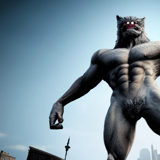 Prompt: muscular werewolf, grey fur, city background, field of depth, bokeh, award-winning photorealistic uhd 8k