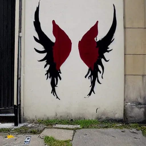 Prompt: angel wings devil horns street art by banksy