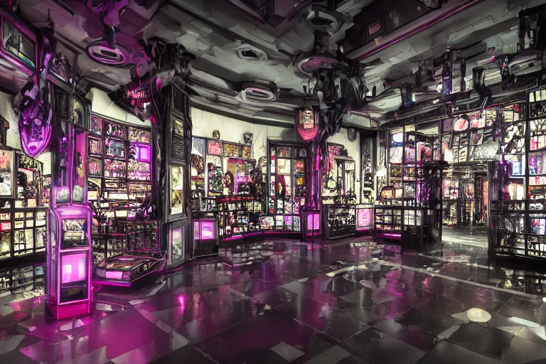 Image similar to Cybertron, inside of a Hot Topic store for goth Decepticons, cinematography by Wes Anderson, 4k octane render, photorealistic , cinematic lighting, Artstation