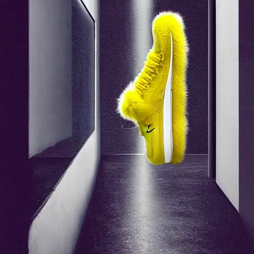 Image similar to poster nike shoe made of very fluffy yellow faux fur placed on reflective surface, professional advertising, overhead lighting, heavy detail, realistic by nate vanhook, mark miner