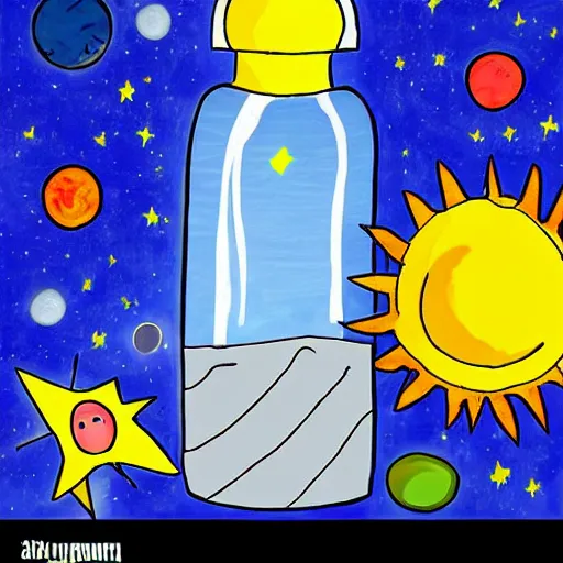Image similar to solar system enclosed in a bottle, child ’ s drawing, cute, cartoon