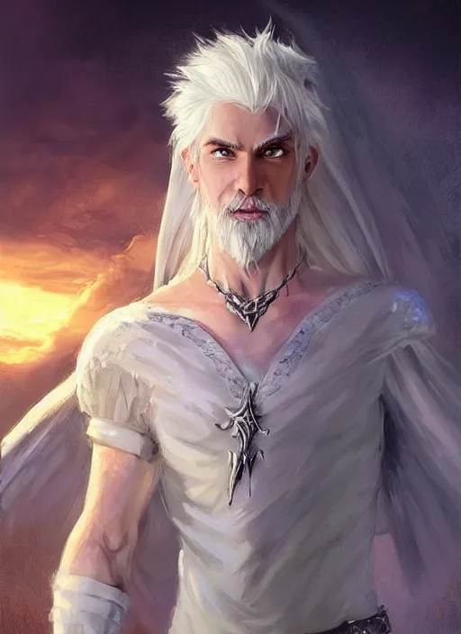 Image similar to young man with white hair and white goatee, dndbeyond, bright, colourful, realistic, dnd character portrait, full body, pathfinder, pinterest, art by ralph horsley, dnd, rpg, lotr game design fanart by concept art, behance hd, artstation, deviantart, hdr render in unreal engine 5