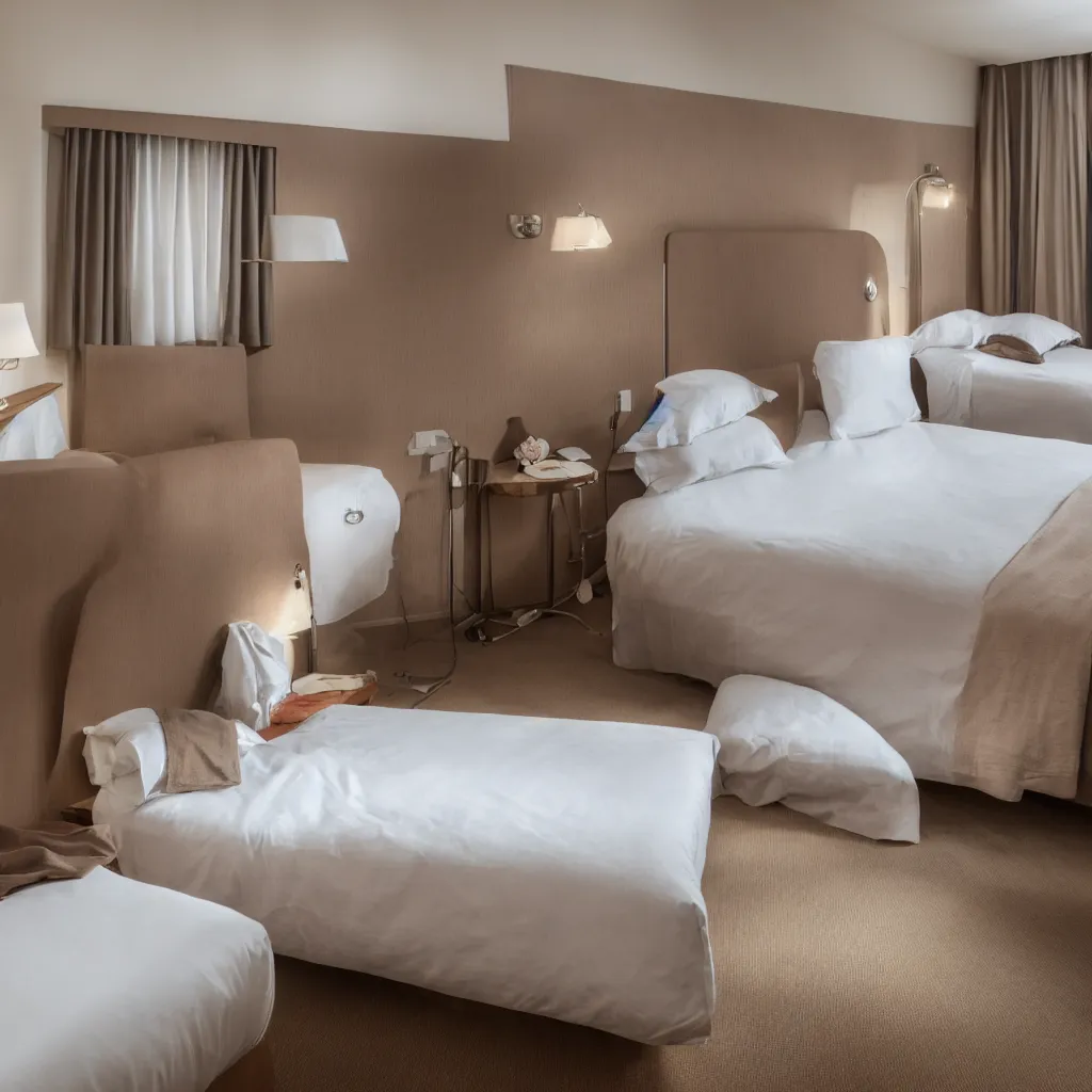 Prompt: an empty hotel bedroom with dull brown bedsheets and boring decorations