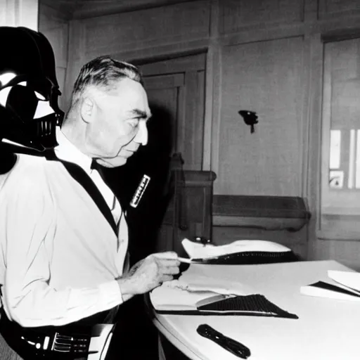 Image similar to color photo of robert oppenheimer debating with darth vader