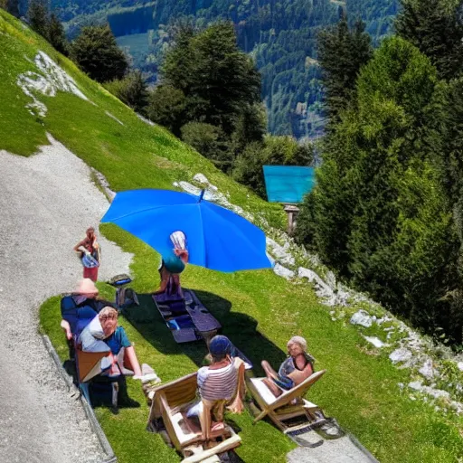 Prompt: cottage in the alps with a terrace and a blue umbrella and people standing around with vr goggles, ue5, game