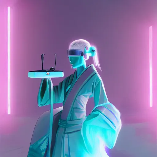 Prompt: digital art of a beautiful tall and feminine albino supermodel maiko samurai armor playing with a vr headset in a cyan and purple lit room greg rutkowski style