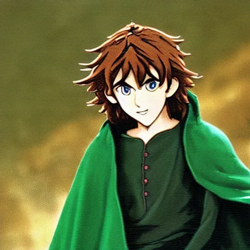 Image similar to peregrin took from the anime lord of the rings (1986), dark hair, green cape, studio ghibli, very detailed, realistic